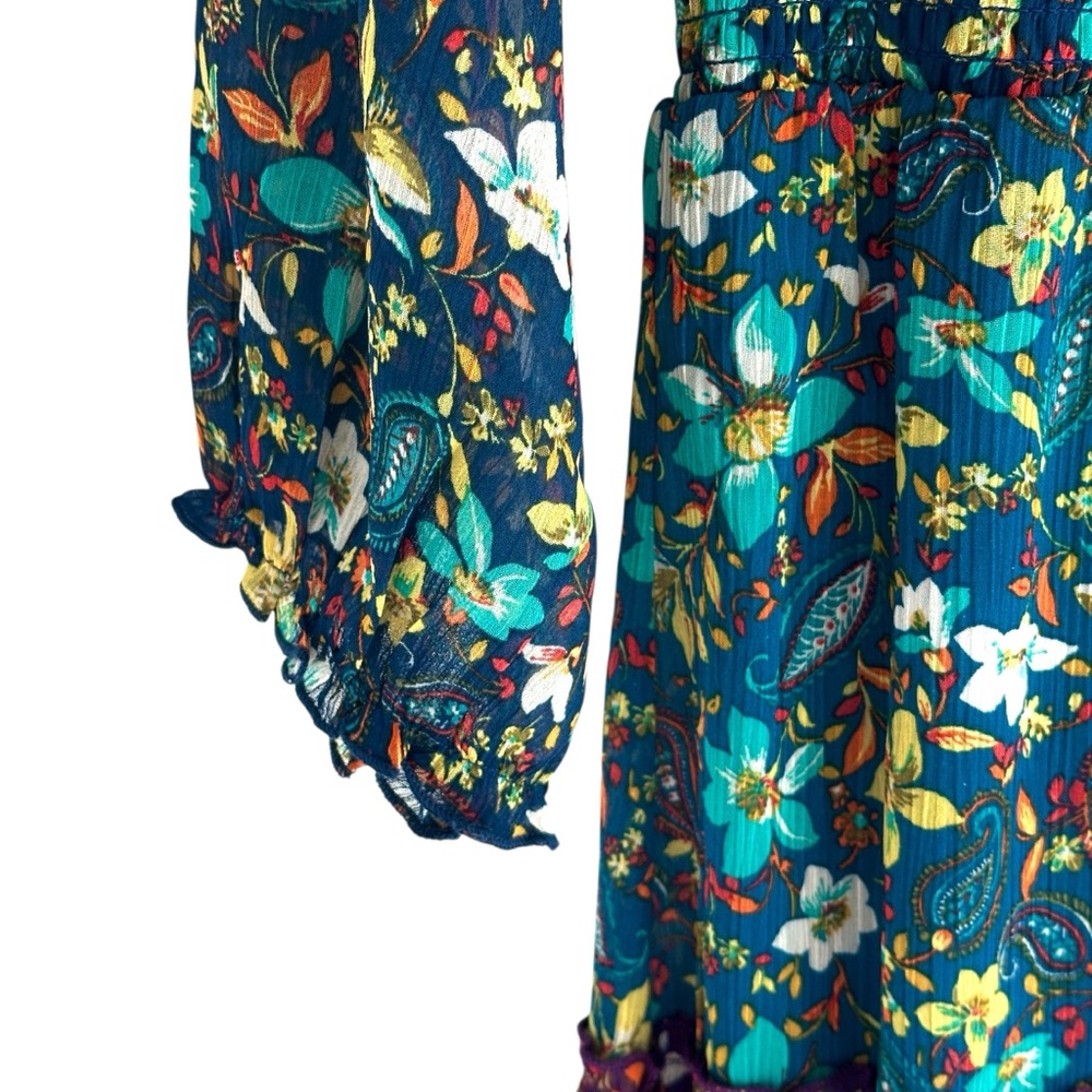 fig and flower Teal and Burgundy Floral Tiered Long Sleeve Midi Dress - Picture 6 of 6